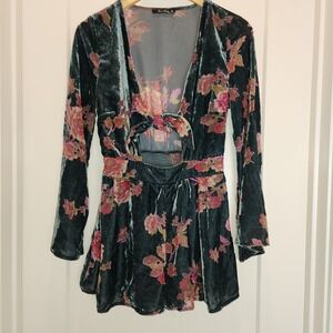 Whimsigoth Dark Romance Floral Velvet Romper Bell Sleeve Tie Front Boho Medium